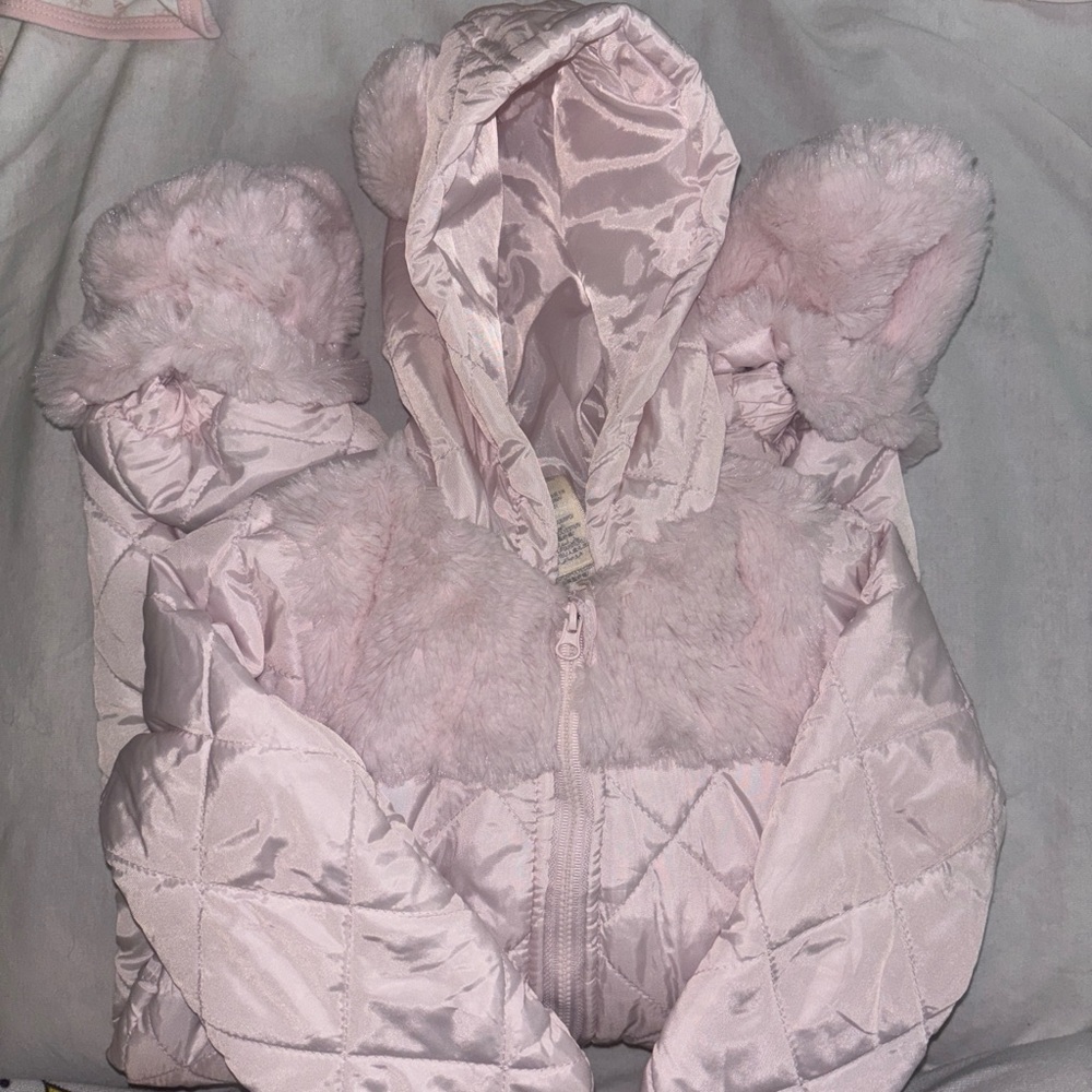 Pink Quilted Baby Hooded Puffer Jacket with Faux Fur Trim